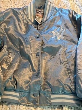 New York Yankees vintage Kids Satin Varsity Bomber Jacket - Light Blue